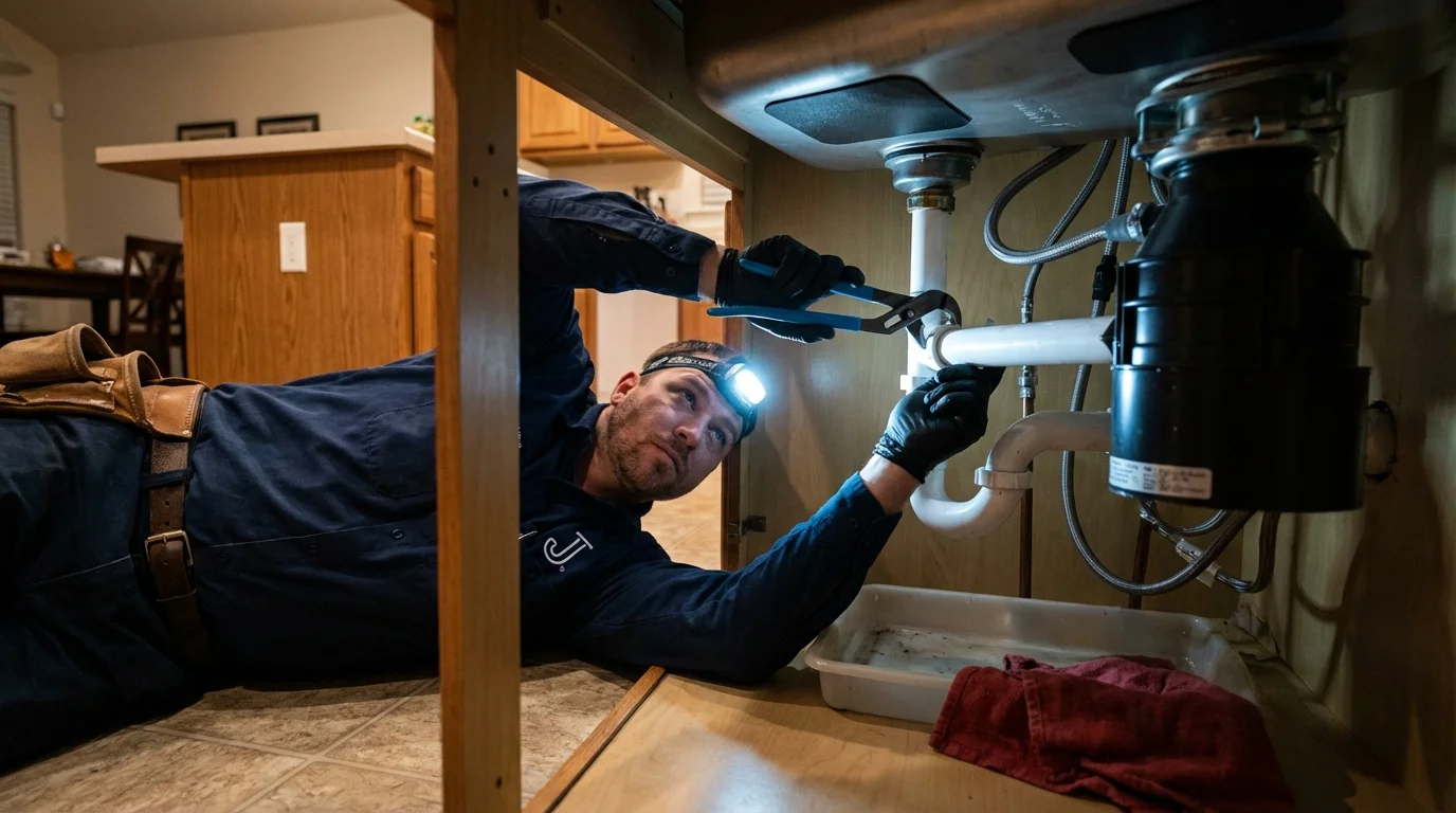 P-trap and supply line connections under a kitchen sink showing a common leak point in Walton, KY